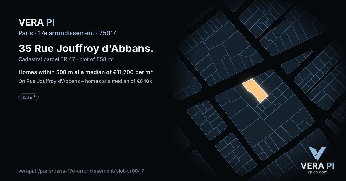 35 Rue Jouffroy d'Abbans, 17e arrondissement at night – the plot lit, the parcels around coloured by the prices near them