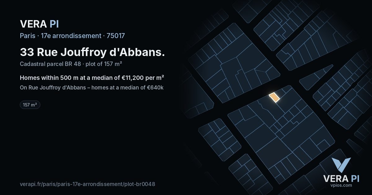 33 Rue Jouffroy d'Abbans, 17e arrondissement at night – the plot lit, the parcels around coloured by the prices near them