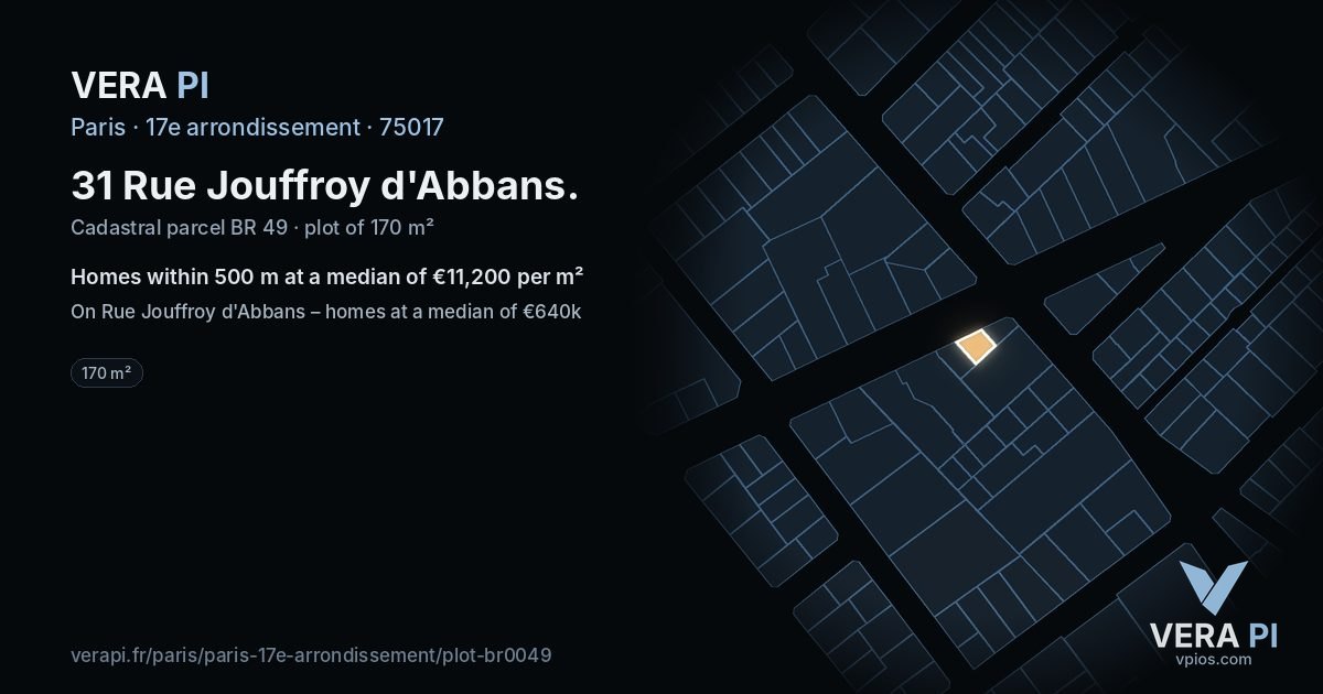 31 Rue Jouffroy d'Abbans, 17e arrondissement at night – the plot lit, the parcels around coloured by the prices near them