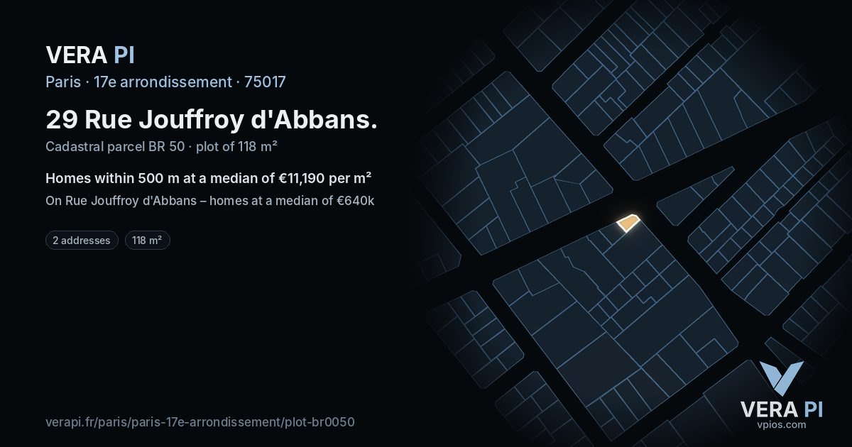 29 Rue Jouffroy d'Abbans, 17e arrondissement at night – the plot lit, the parcels around coloured by the prices near them