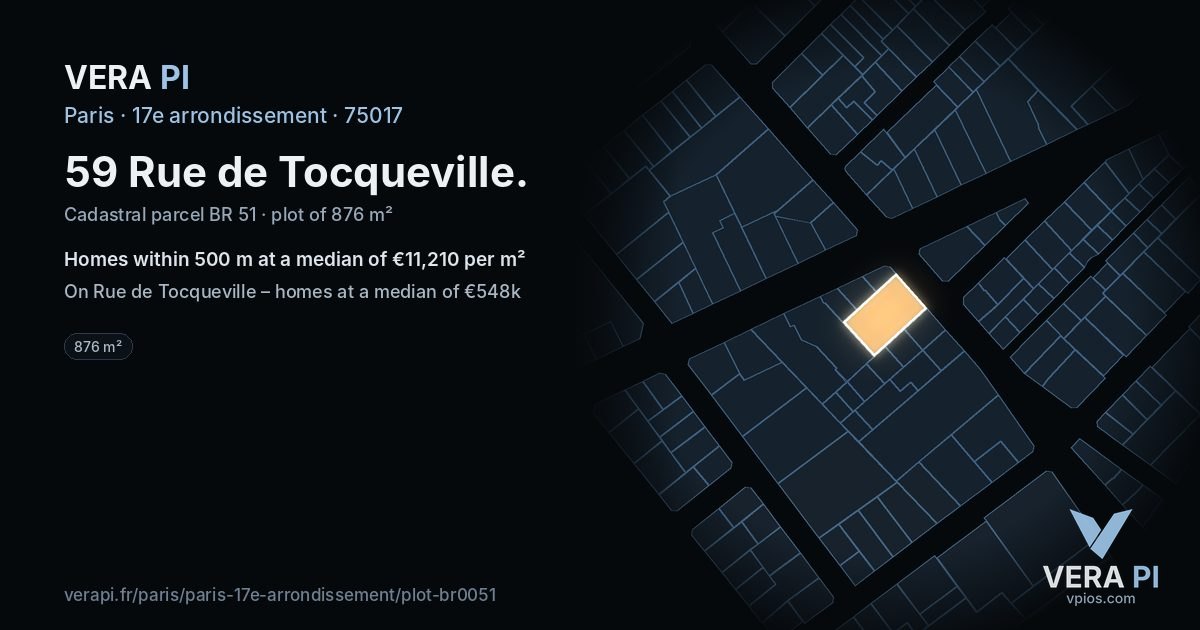 59 Rue de Tocqueville, 17e arrondissement at night – the plot lit, the parcels around coloured by the prices near them