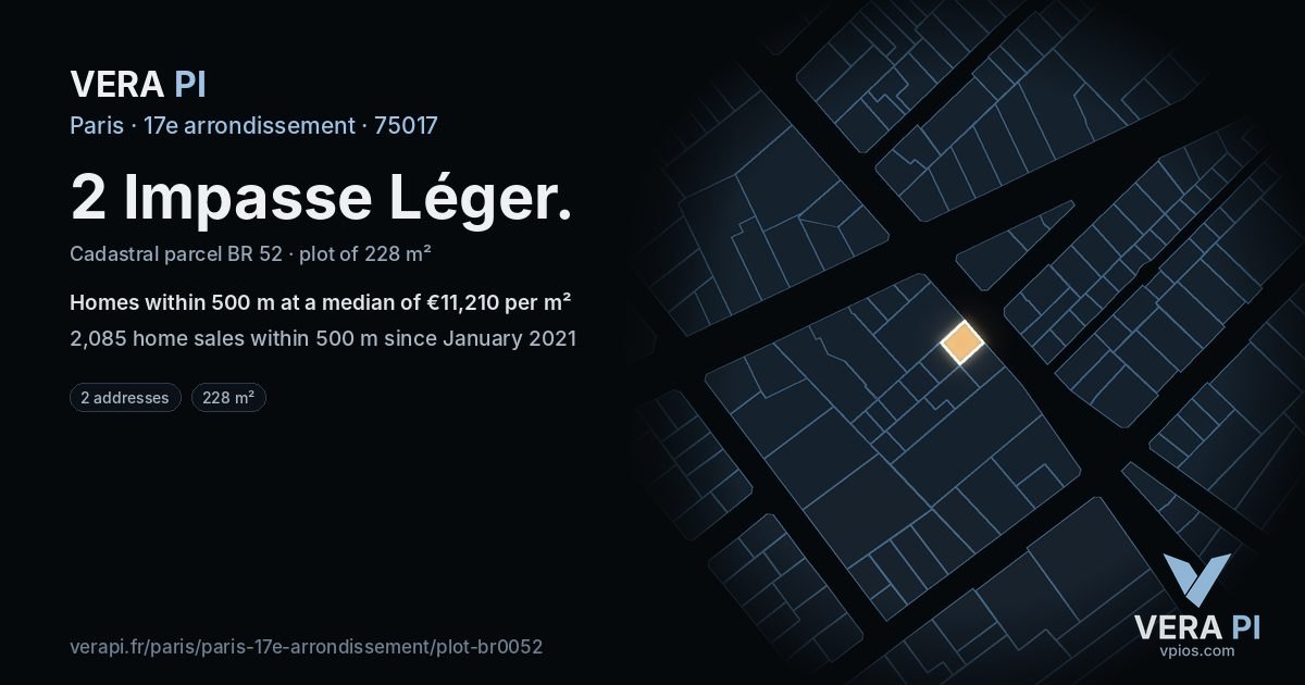 2 Impasse Léger, 17e arrondissement at night – the plot lit, the parcels around coloured by the prices near them