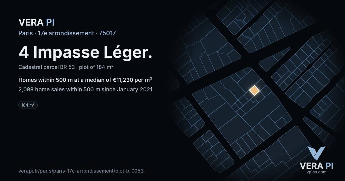 4 Impasse Léger, 17e arrondissement at night – the plot lit, the parcels around coloured by the prices near them