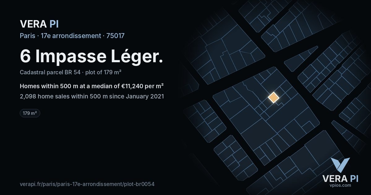 6 Impasse Léger, 17e arrondissement at night – the plot lit, the parcels around coloured by the prices near them