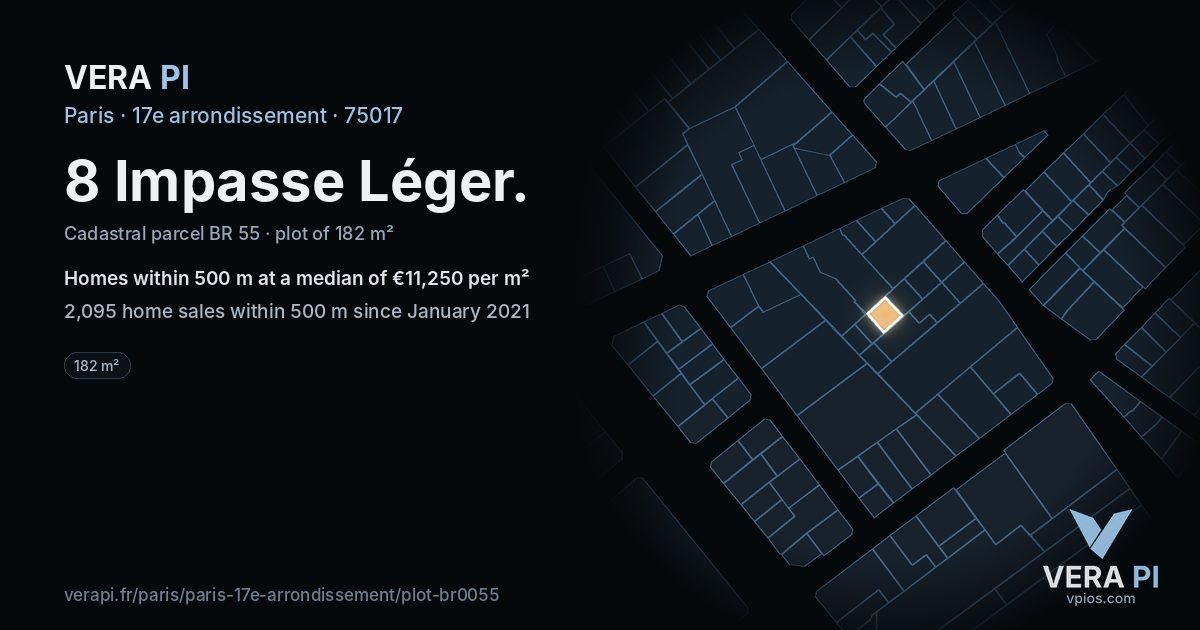 8 Impasse Léger, 17e arrondissement at night – the plot lit, the parcels around coloured by the prices near them