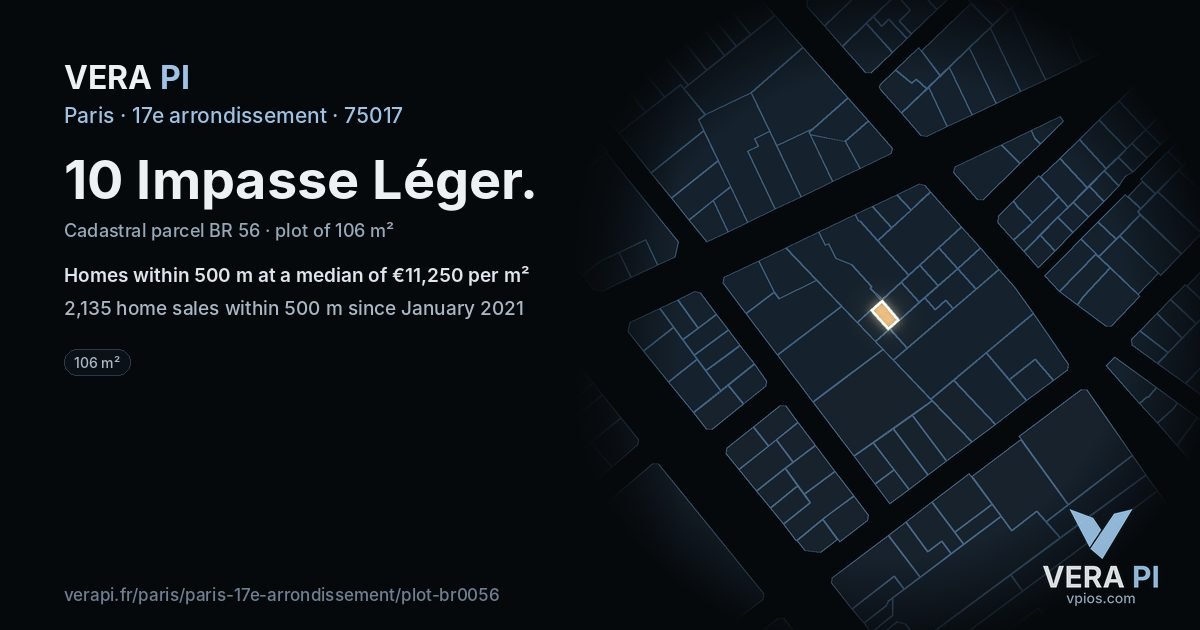 10 Impasse Léger, 17e arrondissement at night – the plot lit, the parcels around coloured by the prices near them