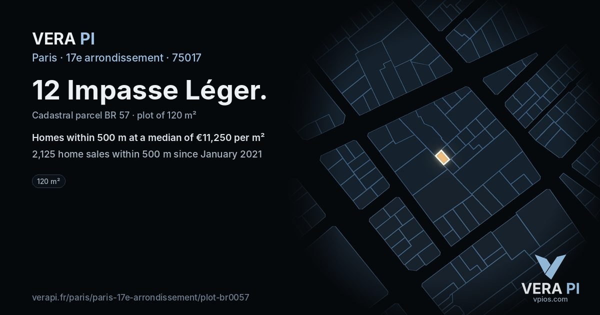 12 Impasse Léger, 17e arrondissement at night – the plot lit, the parcels around coloured by the prices near them