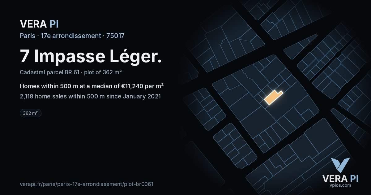 7 Impasse Léger, 17e arrondissement at night – the plot lit, the parcels around coloured by the prices near them