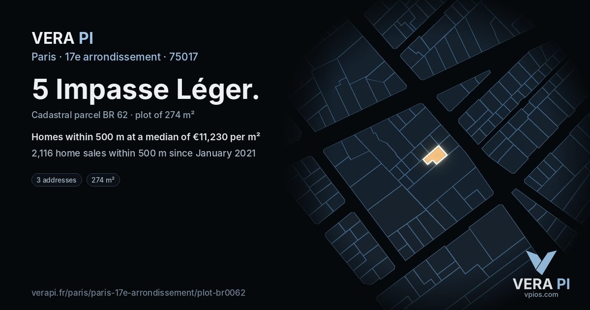 5 Impasse Léger, 17e arrondissement at night – the plot lit, the parcels around coloured by the prices near them