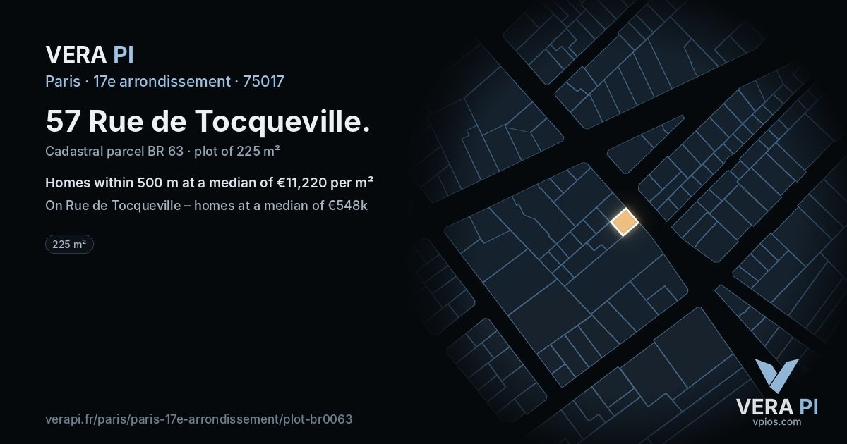 57 Rue de Tocqueville, 17e arrondissement at night – the plot lit, the parcels around coloured by the prices near them