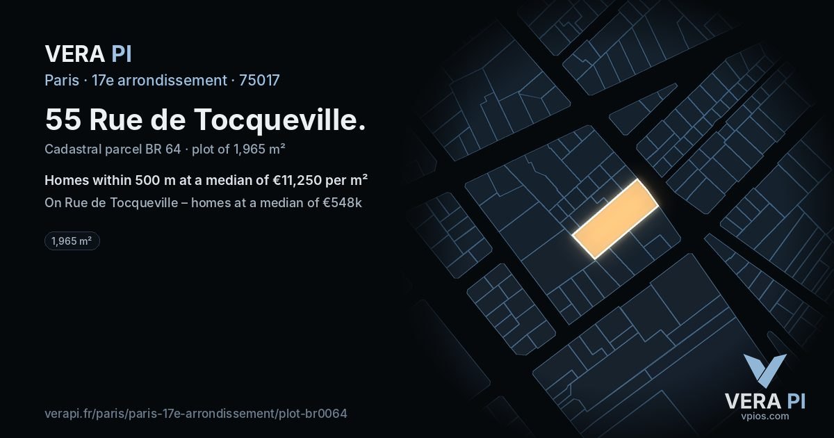 55 Rue de Tocqueville, 17e arrondissement at night – the plot lit, the parcels around coloured by the prices near them
