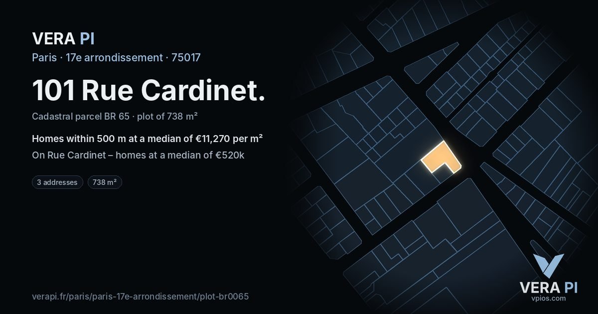 101 Rue Cardinet, 17e arrondissement at night – the plot lit, the parcels around coloured by the prices near them