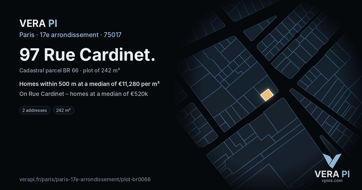 97 Rue Cardinet, 17e arrondissement at night – the plot lit, the parcels around coloured by the prices near them