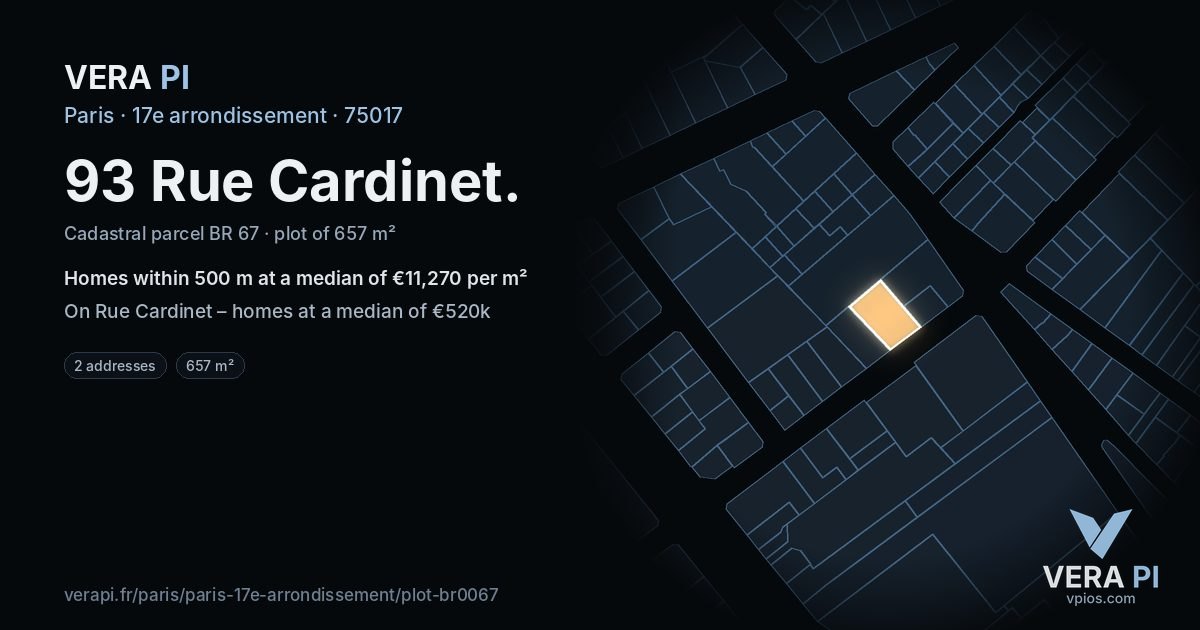 93 Rue Cardinet, 17e arrondissement at night – the plot lit, the parcels around coloured by the prices near them