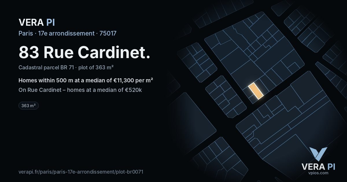 83 Rue Cardinet, 17e arrondissement at night – the plot lit, the parcels around coloured by the prices near them