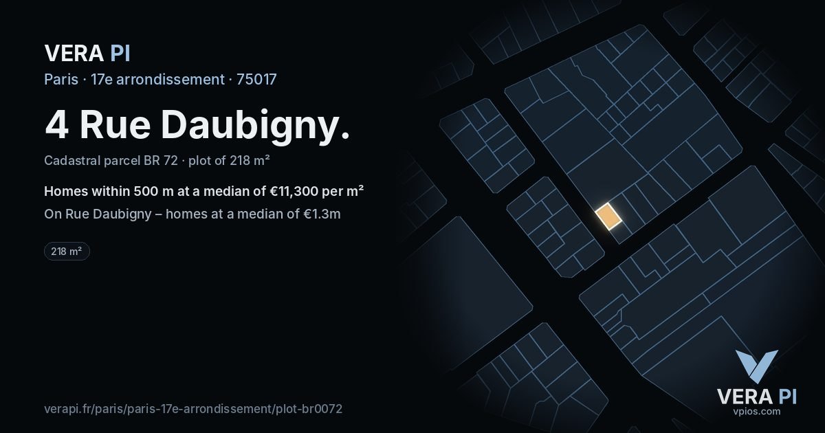 4 Rue Daubigny, 17e arrondissement at night – the plot lit, the parcels around coloured by the prices near them