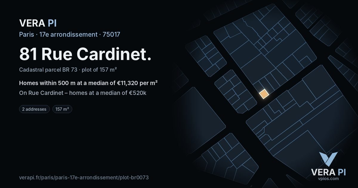 81 Rue Cardinet, 17e arrondissement at night – the plot lit, the parcels around coloured by the prices near them