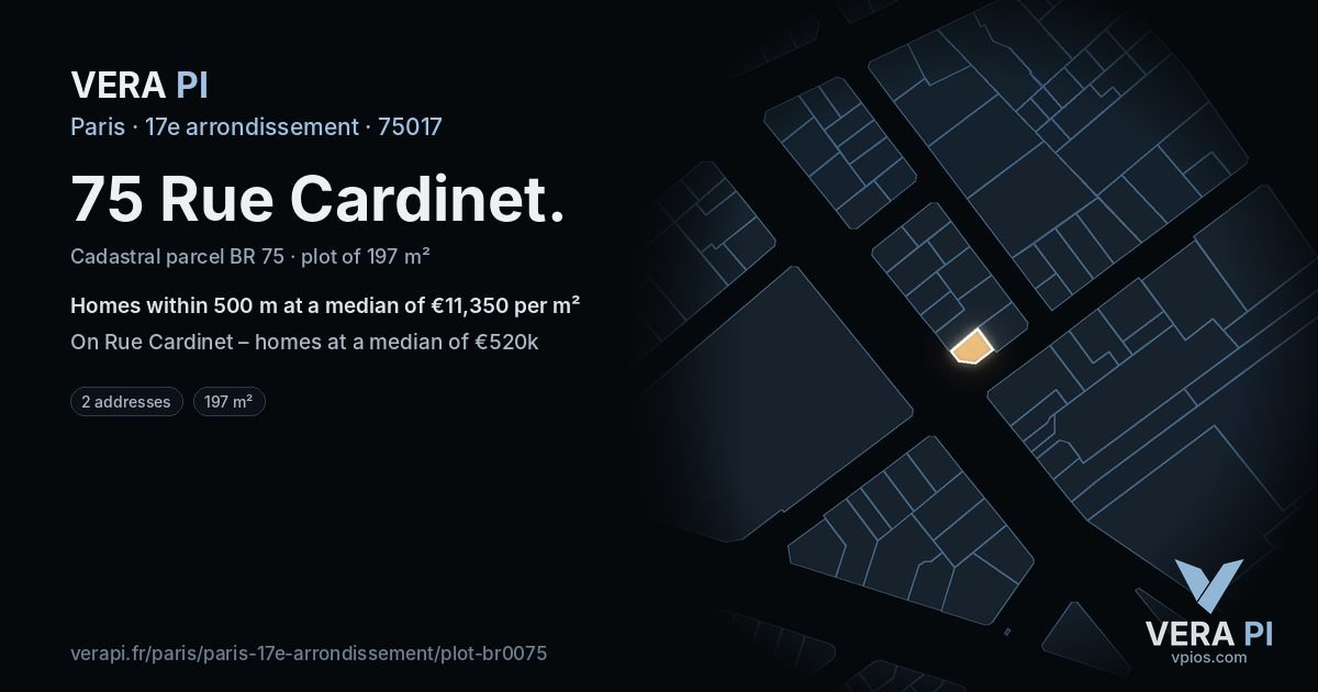 75 Rue Cardinet, 17e arrondissement at night – the plot lit, the parcels around coloured by the prices near them