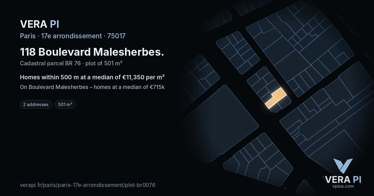 118 Boulevard Malesherbes, 17e arrondissement at night – the plot lit, the parcels around coloured by the prices near them
