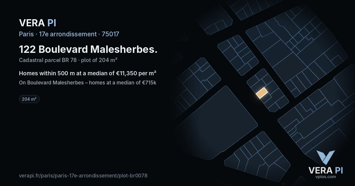 122 Boulevard Malesherbes, 17e arrondissement at night – the plot lit, the parcels around coloured by the prices near them