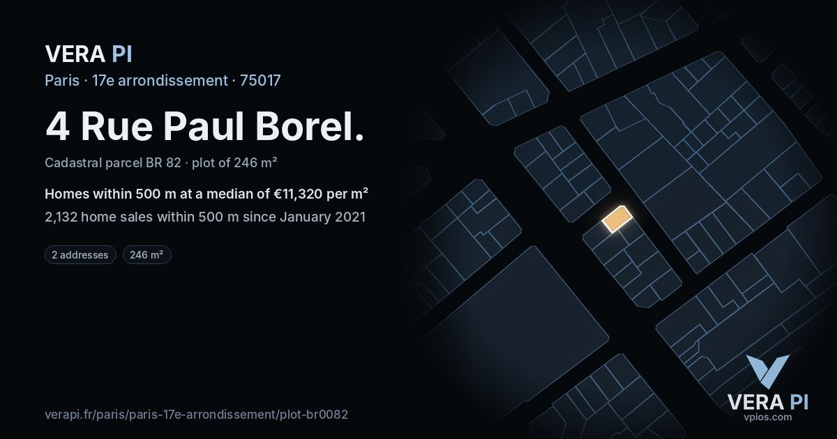 4 Rue Paul Borel, 17e arrondissement at night – the plot lit, the parcels around coloured by the prices near them