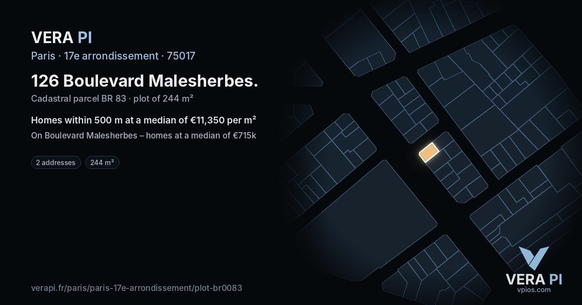 126 Boulevard Malesherbes, 17e arrondissement at night – the plot lit, the parcels around coloured by the prices near them