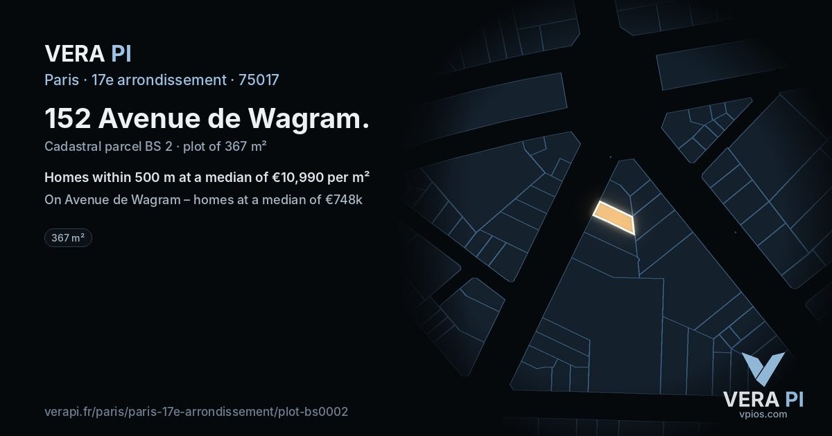152 Avenue de Wagram, 17e arrondissement at night – the plot lit, the parcels around coloured by the prices near them