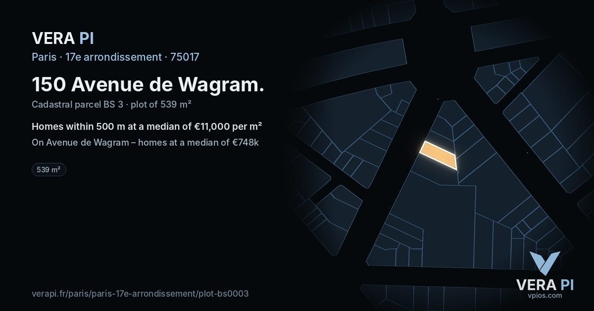 150 Avenue de Wagram, 17e arrondissement at night – the plot lit, the parcels around coloured by the prices near them