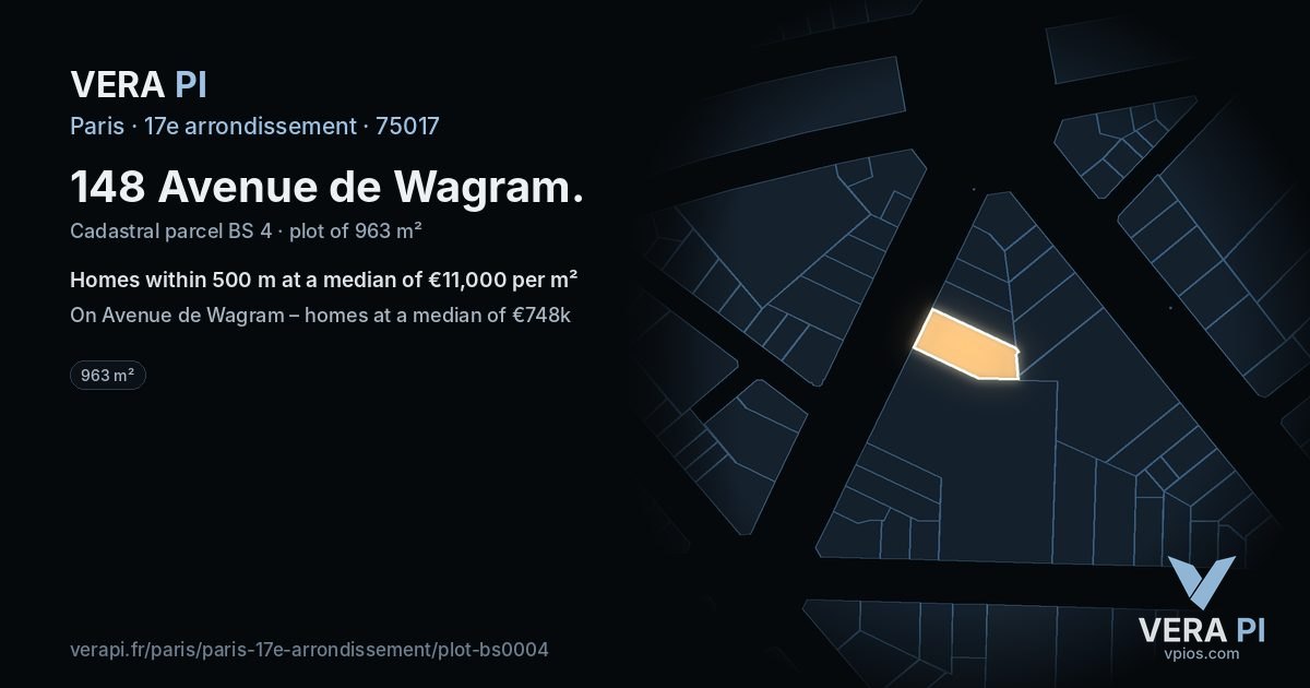 148 Avenue de Wagram, 17e arrondissement at night – the plot lit, the parcels around coloured by the prices near them