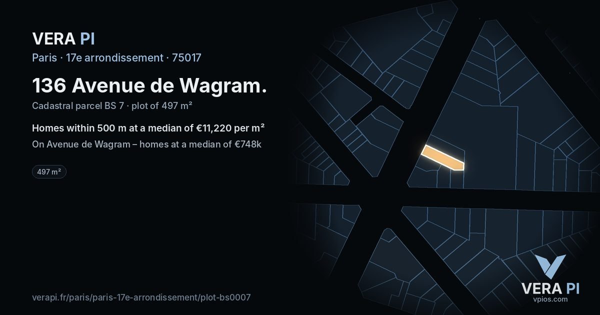 136 Avenue de Wagram, 17e arrondissement at night – the plot lit, the parcels around coloured by the prices near them
