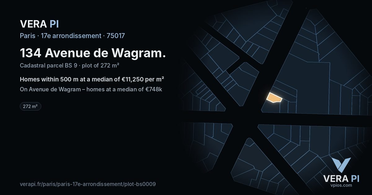 134 Avenue de Wagram, 17e arrondissement at night – the plot lit, the parcels around coloured by the prices near them