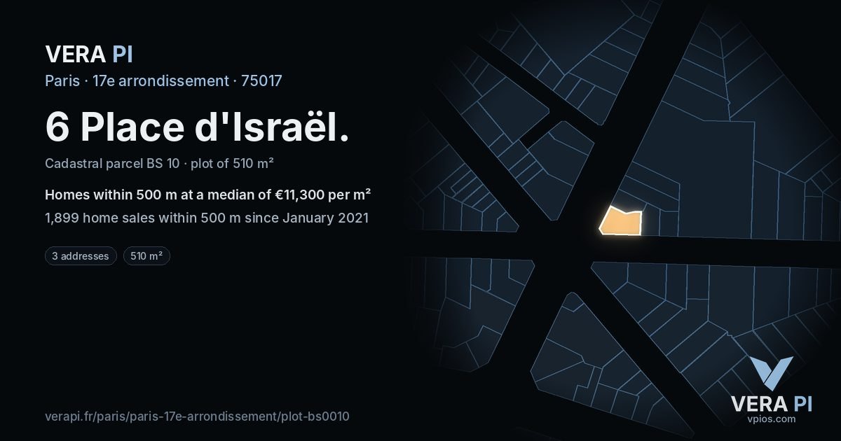 6 Place d'Israël, 17e arrondissement at night – the plot lit, the parcels around coloured by the prices near them