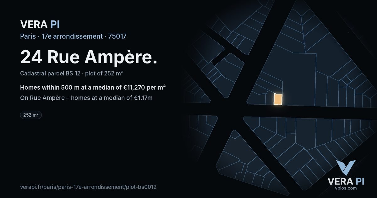 24 Rue Ampère, 17e arrondissement at night – the plot lit, the parcels around coloured by the prices near them