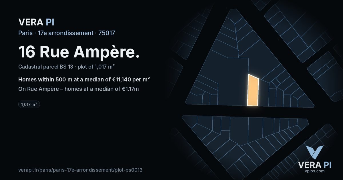 16 Rue Ampère, 17e arrondissement at night – the plot lit, the parcels around coloured by the prices near them