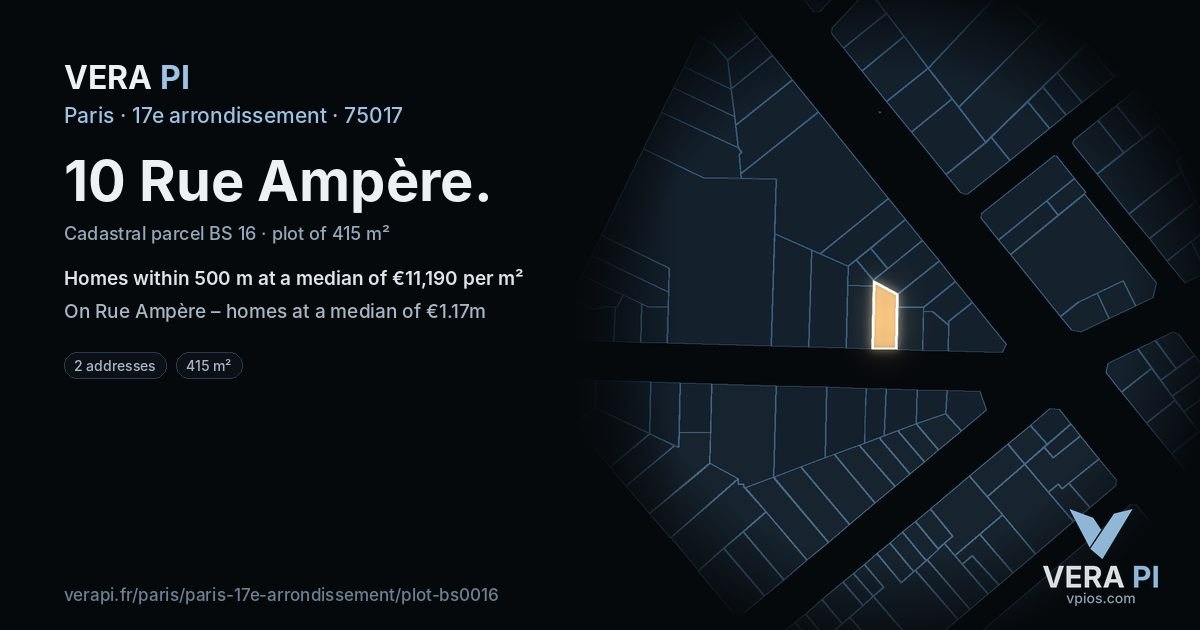 10 Rue Ampère, 17e arrondissement at night – the plot lit, the parcels around coloured by the prices near them