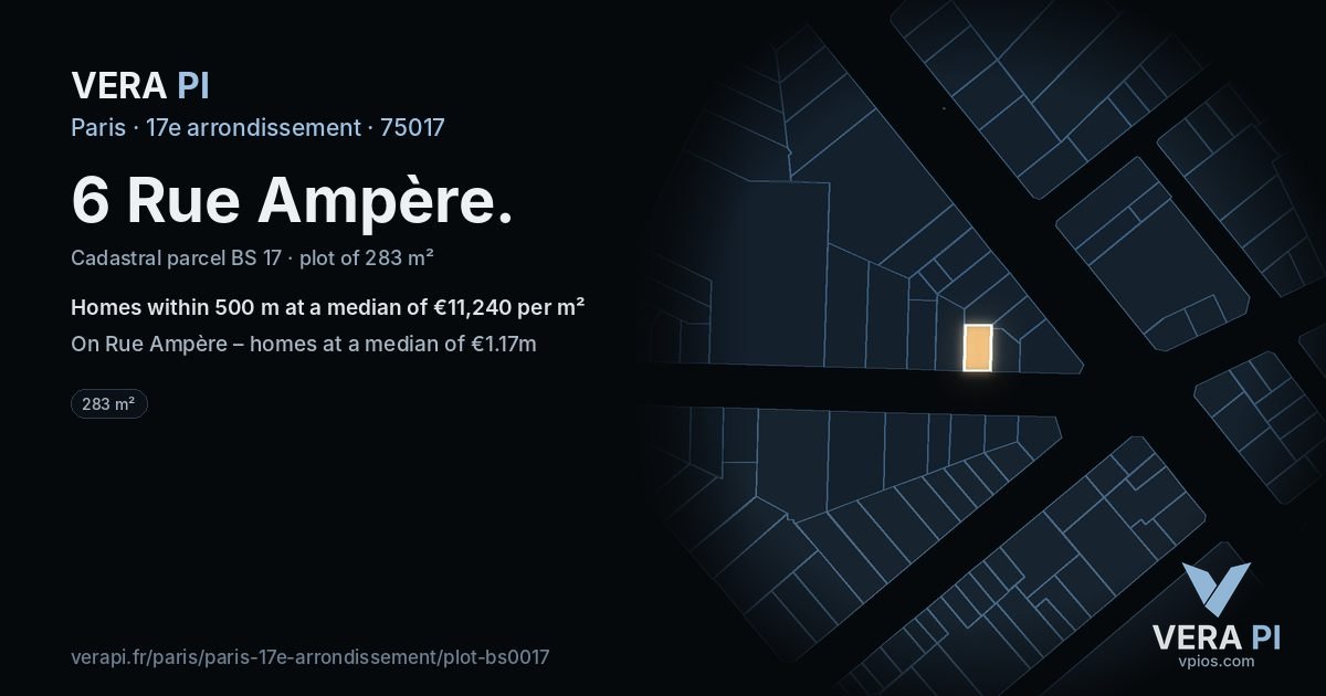 6 Rue Ampère, 17e arrondissement at night – the plot lit, the parcels around coloured by the prices near them