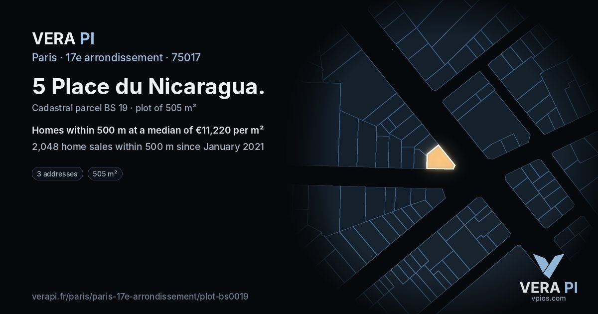 5 Place du Nicaragua, 17e arrondissement at night – the plot lit, the parcels around coloured by the prices near them