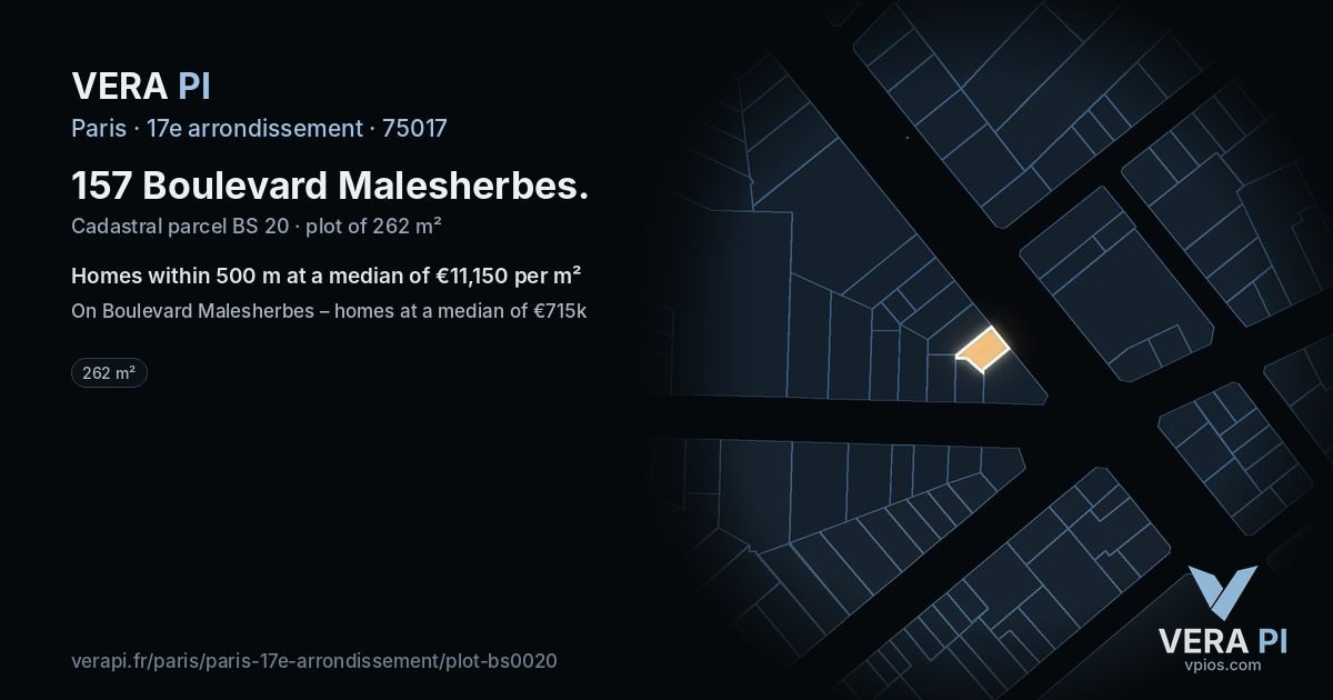 157 Boulevard Malesherbes, 17e arrondissement at night – the plot lit, the parcels around coloured by the prices near them