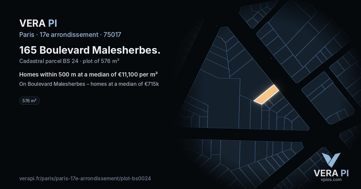 165 Boulevard Malesherbes, 17e arrondissement at night – the plot lit, the parcels around coloured by the prices near them