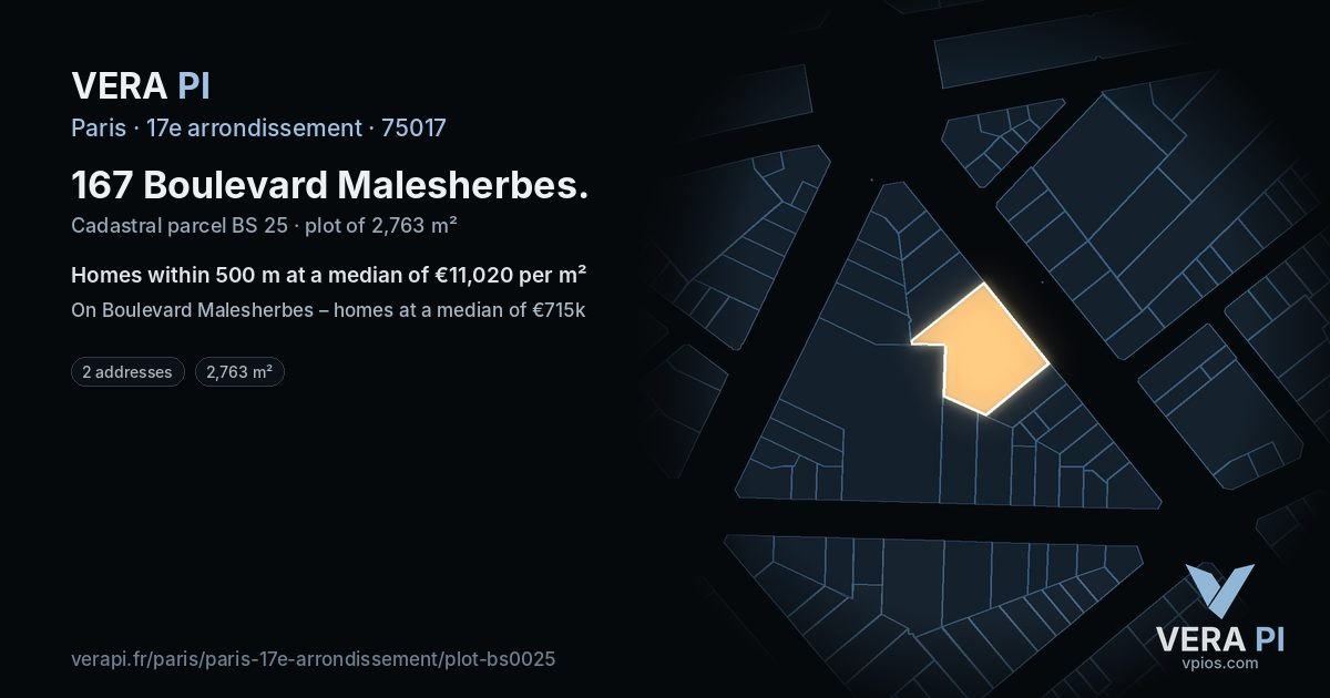 167 Boulevard Malesherbes, 17e arrondissement at night – the plot lit, the parcels around coloured by the prices near them