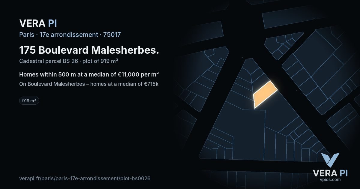 175 Boulevard Malesherbes, 17e arrondissement at night – the plot lit, the parcels around coloured by the prices near them