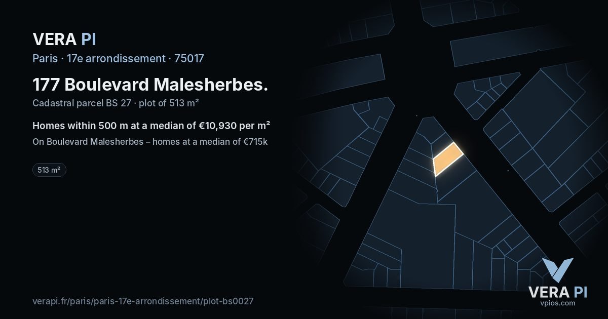 177 Boulevard Malesherbes, 17e arrondissement at night – the plot lit, the parcels around coloured by the prices near them