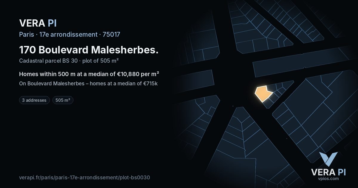 170 Boulevard Malesherbes, 17e arrondissement at night – the plot lit, the parcels around coloured by the prices near them