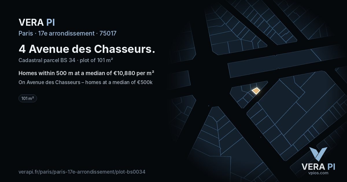 4 Avenue des Chasseurs, 17e arrondissement at night – the plot lit, the parcels around coloured by the prices near them