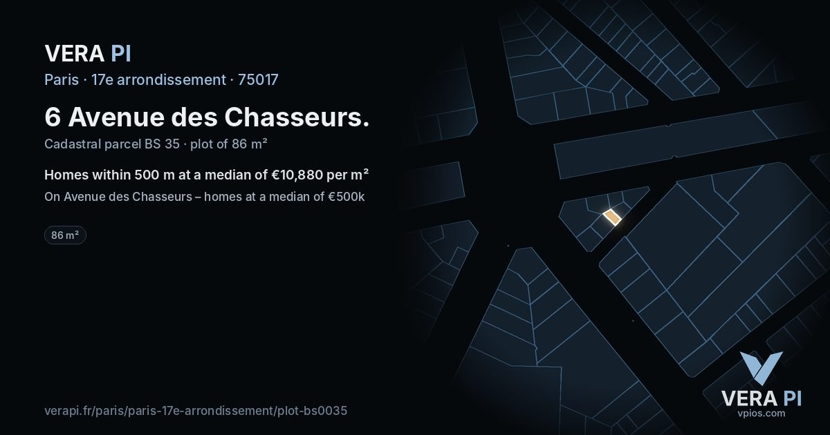 6 Avenue des Chasseurs, 17e arrondissement at night – the plot lit, the parcels around coloured by the prices near them