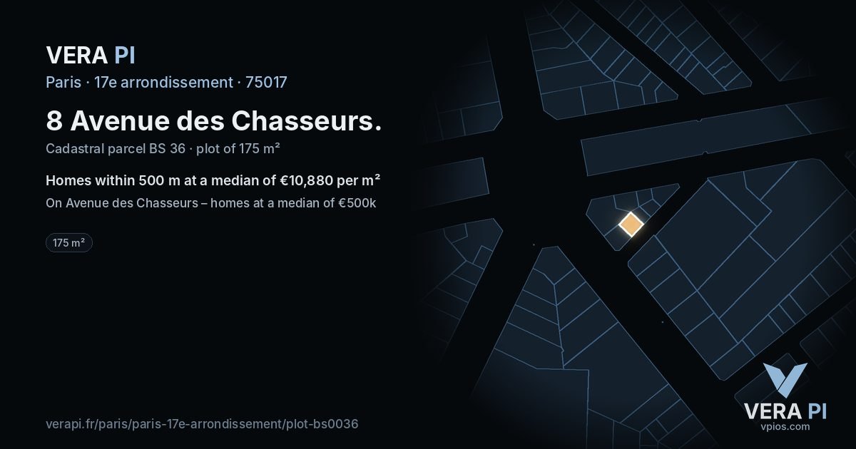 8 Avenue des Chasseurs, 17e arrondissement at night – the plot lit, the parcels around coloured by the prices near them
