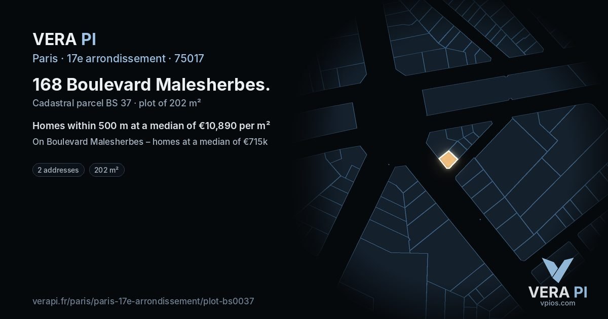 168 Boulevard Malesherbes, 17e arrondissement at night – the plot lit, the parcels around coloured by the prices near them