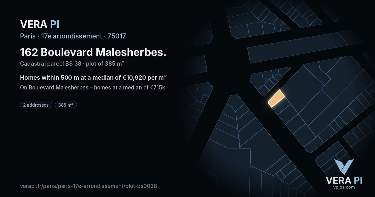 162 Boulevard Malesherbes, 17e arrondissement at night – the plot lit, the parcels around coloured by the prices near them