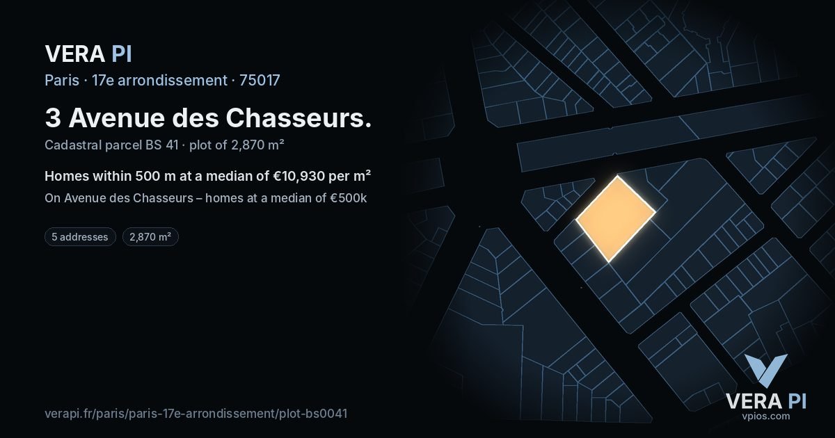 3 Avenue des Chasseurs, 17e arrondissement at night – the plot lit, the parcels around coloured by the prices near them