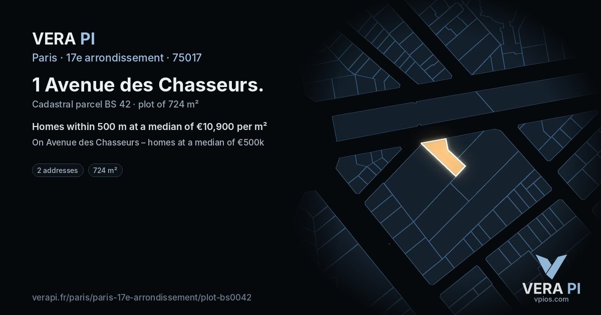 1 Avenue des Chasseurs, 17e arrondissement at night – the plot lit, the parcels around coloured by the prices near them
